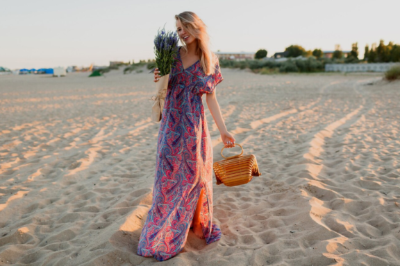 Women's Long Maxi Summer Beach Swing Dress EJF, Casual Loose Bohemian Floral Dress with Pockets, Short Sleeve