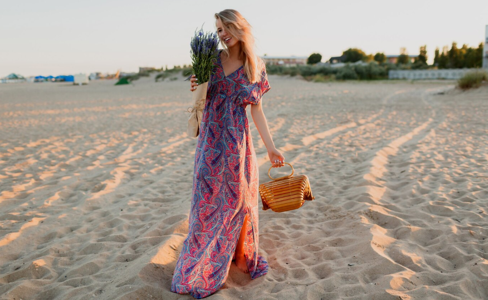 Women's Long Maxi Summer Beach Swing Dress EJF, Casual Loose Bohemian Floral Dress with Pockets, Short Sleeve